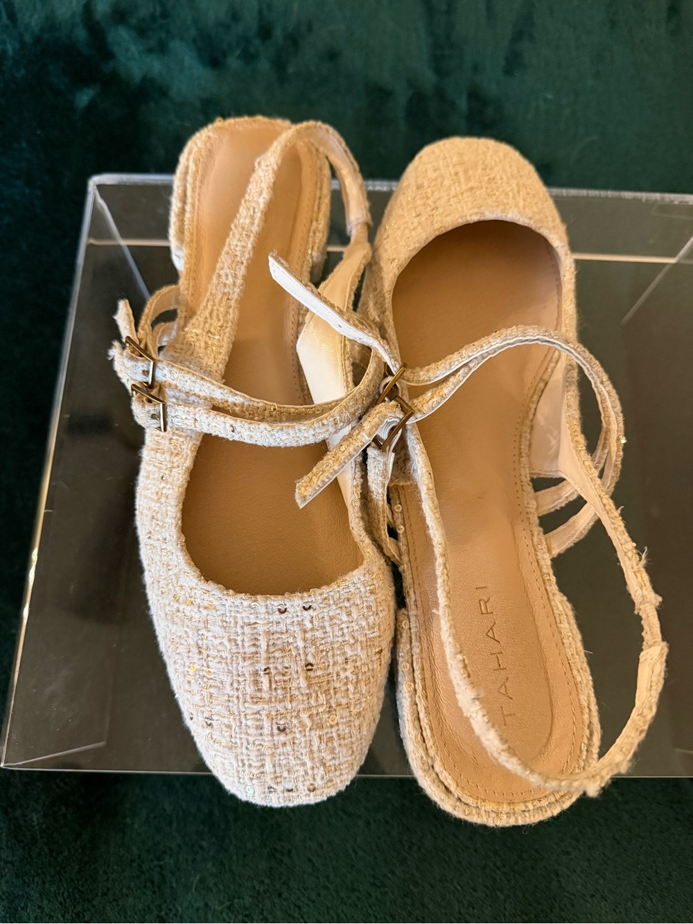 Tahari Cream Tweed Slingback Flats with Ankle Straps 9
